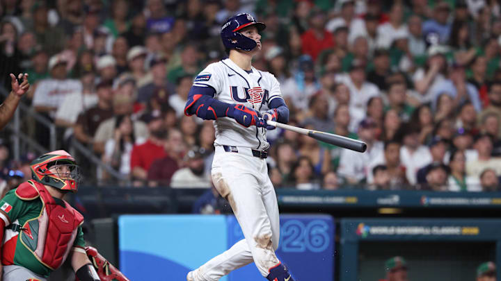 Mar 9, 2026; Houston, TX, United States; United States outfielder Roman Anthony (3) hits a home run in the third inning against Mexico at Daikin Park. Mandatory Credit: Troy Taormina-Imagn Images