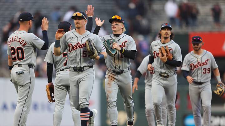 The Detroit Tigers celebrate their win. The Detroit Tigers celebrate their win.