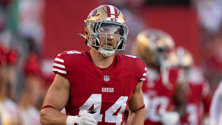 Aug 25, 2023; Santa Clara, California, USA; San Francisco 49ers fullback Kyle Juszczyk (44) runs out of the tunnel before the start of the first quarter against the Los Angeles Chargers at Levi's Stadium. Mandatory Credit: Stan Szeto-Imagn Images Aug 25, 2023; Santa Clara, California, USA; San Francisco 49ers fullback Kyle Juszczyk (44) runs out of the tunnel before the start of the first quarter against the Los Angeles Chargers at Levi's Stadium. Mandatory Credit: Stan Szeto-Imagn Images