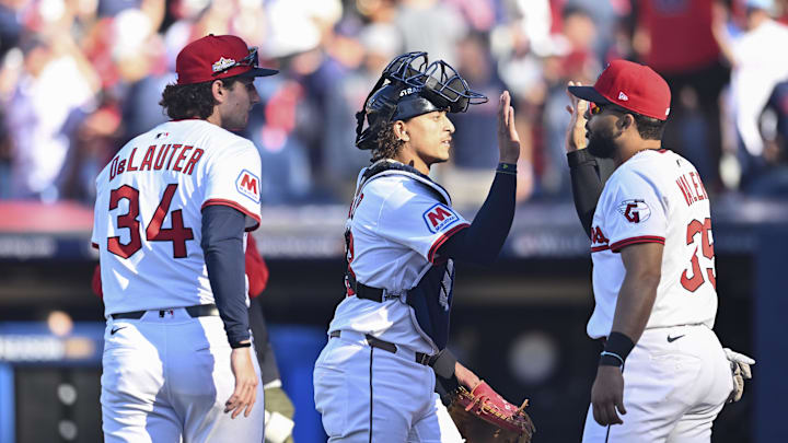 Oct 1, 2025; Cleveland, Ohio, USA; Cleveland Guardians center fielder Chase DeLauter (34), catcher Bo Naylor (23) and outfielder George Valera (35) celebrate after winning game two of the Wildcard round for the 2025 MLB playoffs against the Detroit Tigers at Progressive Field. Mandatory Credit: Ken Blaze-Imagn Images Oct 1, 2025; Cleveland, Ohio, USA; Cleveland Guardians center fielder Chase DeLauter (34), catcher Bo Naylor (23) and outfielder George Valera (35) celebrate after winning game two of the Wildcard round for the 2025 MLB playoffs against the Detroit Tigers at Progressive Field. Mandatory Credit: Ken Blaze-Imagn Images