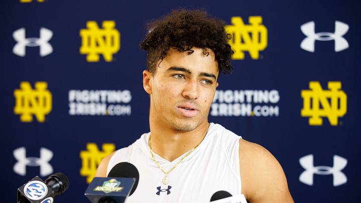 Notre Dame wide receiver Jordan Faison addresses media after a Notre Dame football practice at Irish Athletic Center on Thursday, Aug. 15, 2024, in South Bend. Notre Dame wide receiver Jordan Faison addresses media after a Notre Dame football practice at Irish Athletic Center on Thursday, Aug. 15, 2024, in South Bend.