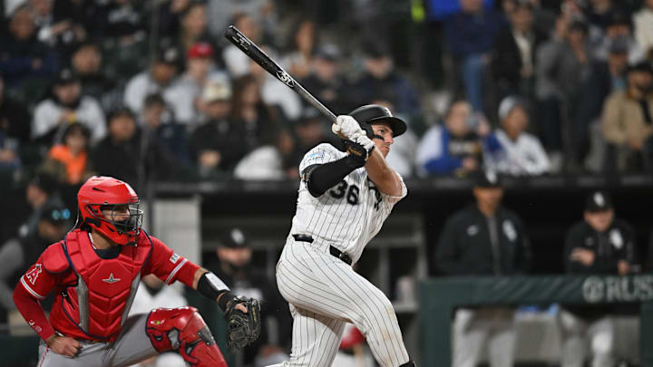 Apr 28, 2026; Chicago, Illinois, USA; Chicago White Sox catcher Drew Romo (36) hits a two-run home run for his first MLB home run against the Los Angeles Angels during the fourth inning at Rate Field. Mandatory Credit: Patrick Gorski-Imagn Images