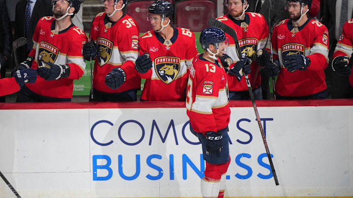 Sep 30, 2024; Sunrise, Florida, USA; Florida Panthers center Sam Reinhart (13) celebrates a goal against the Tampa Bay Lightning during the third period at Amerant Bank Arena. Mandatory Credit: Jim Rassol-Imagn Images