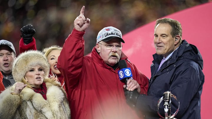 Jan 29, 2023; Kansas City, Missouri, USA; Jim Nantz interviews Kansas City Chiefs head coach Andy