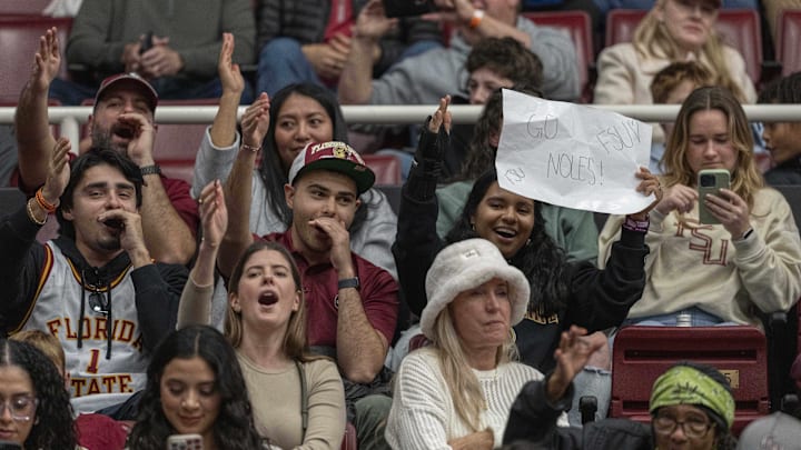 Jan 25, 2025; Stanford, California, USA;  Florida State Seminoles fans chant during the second half against the Stanford Cardinal at Maples Pavilion. Mandatory Credit: Stan Szeto-Imagn Images
