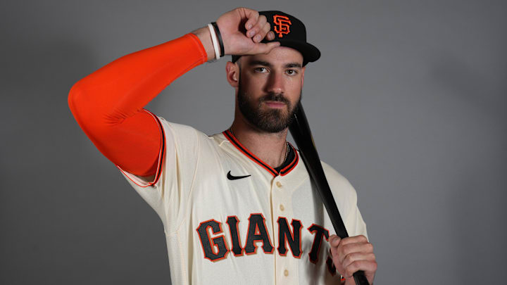 Feb 19, 2026; Scottsdale, AZ, USA; San Francisco Giants first baseman Bryce Eldridge (8) poses during Photo Day at Scottsdale Stadium. Mandatory Credit: Rick Scuteri-Imagn Images