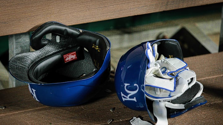 Apr 10, 2024; Kansas City, Missouri, USA; Kansas City Royals batting helmets in the dugout after the game against the Houston Astros at Kauffman Stadium. Mandatory Credit: William Purnell-Imagn Images