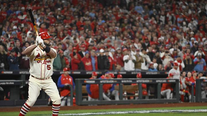Oct 8, 2022; St. Louis, Missouri, USA; St. Louis Cardinals designated hitter Albert Pujols (5) awaits a pitch in the eighth inning against the Philadelphia Phillies during game two of the Wild Card series for the 2022 MLB Playoffs at Busch Stadium. Mandatory Credit: Jeff Curry-Imagn Images Oct 8, 2022; St. Louis, Missouri, USA; St. Louis Cardinals designated hitter Albert Pujols (5) awaits a pitch in the eighth inning against the Philadelphia Phillies during game two of the Wild Card series for the 2022 MLB Playoffs at Busch Stadium. Mandatory Credit: Jeff Curry-Imagn Images