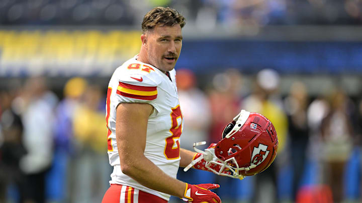 Kansas City Chiefs tight end Travis Kelce (87) looks on prior to the game against the Los Angeles Chargers at SoFi Stadium. 