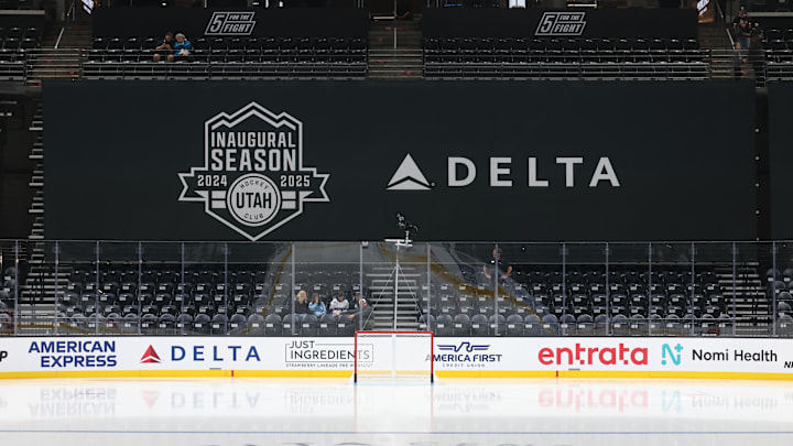 Sep 23, 2024; Salt Lake City, Utah, USA; A general view of the signage at the Delta Center before a preseason game between the Utah Hockey Club and Los Angeles Kings. Mandatory Credit: Rob Gray-Imagn Images