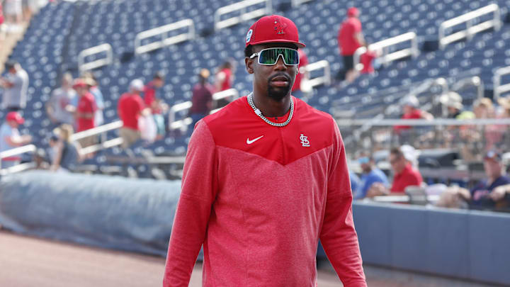 Mar 26, 2023; West Palm Beach, Florida, USA; St. Louis Cardinals outfielder Jordan Walker walks on