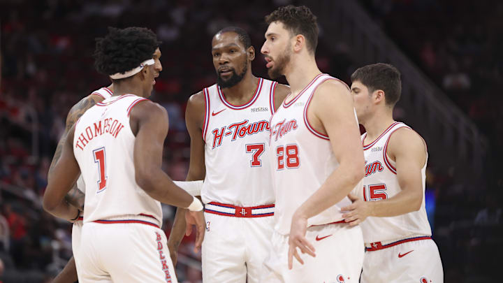Apr 1, 2026; Houston, Texas, USA; Houston Rockets forward Kevin Durant (7) reacts with teammates after a play during the first quarter against the Milwaukee Bucks at Toyota Center. Mandatory Credit: Troy Taormina-Imagn Images