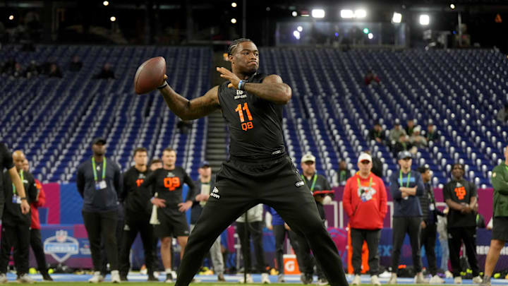 Mar 1, 2025; Indianapolis, IN, USA; Alabama quarterback Jalen Milroe (QB11) during the 2025 NFL Combine at Lucas Oil Stadium. Mandatory Credit: Kirby Lee-Imagn Images Mar 1, 2025; Indianapolis, IN, USA; Alabama quarterback Jalen Milroe (QB11) during the 2025 NFL Combine at Lucas Oil Stadium. Mandatory Credit: Kirby Lee-Imagn Images