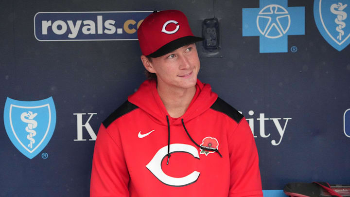 May 26, 2025; Kansas City, Missouri, USA; Former Kansas City Royals pitcher and current Cincinnati Reds pitcher Brady Singer (51) watches the video board as he’s welcomed back to the stadium prior to a game at Kauffman Stadium. Mandatory Credit: Denny Medley-Imagn Images