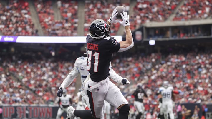 Sep 28, 2025; Houston, Texas, USA; Houston Texans wide receiver Jayden Higgins (81) makes a reception for a touchdown during the fourth quarter against the Tennessee Titans at NRG Stadium. Mandatory Credit: Troy Taormina-Imagn Images Sep 28, 2025; Houston, Texas, USA; Houston Texans wide receiver Jayden Higgins (81) makes a reception for a touchdown during the fourth quarter against the Tennessee Titans at NRG Stadium. Mandatory Credit: Troy Taormina-Imagn Images