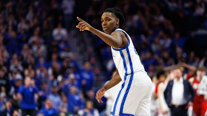 Jan 24, 2026; Lexington, Kentucky, USA; Kentucky Wildcats guard Jasper Johnson (2) reacts after making a three point basket during the second half against the Mississippi Rebels at Rupp Arena at Central Bank Center. Mandatory Credit: Jordan Prather-Imagn Images