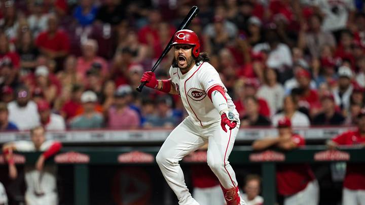 Aug 4, 2026; Cincinnati, Ohio, USA; Cincinnati Reds designated hitter Eugenio Suarez reacts to first baseman Sal Stewart after a wild pitch against the Athletics in the eighth inning at Great American Ball Park. Mandatory Credit: Aaron Doster-Imagn Images Aug 4, 2026; Cincinnati, Ohio, USA; Cincinnati Reds designated hitter Eugenio Suarez reacts to first baseman Sal Stewart after a wild pitch against the Athletics in the eighth inning at Great American Ball Park. Mandatory Credit: Aaron Doster-Imagn Images