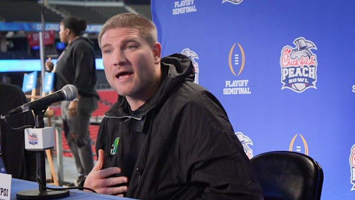 Oregon defensive coordinator Tosh Lupoi speaks during a media day as the Oregon Ducks arrive on Jan. 7, 2025, in Atlanta, Georgia ahead of the Peach Bowl at Mercedes-Benz Stadium.