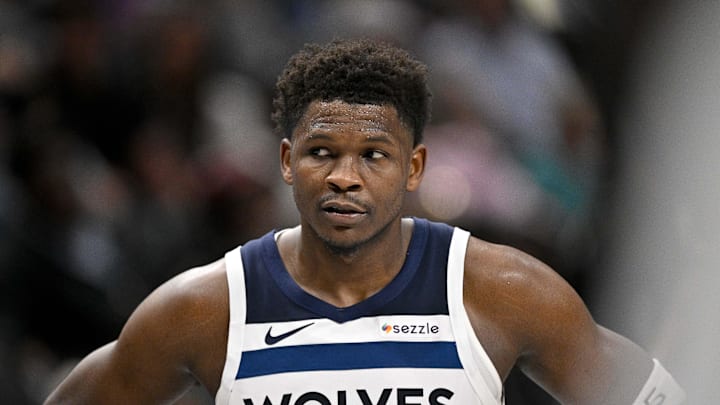 Mar 30, 2026; Dallas, Texas, USA; Minnesota Timberwolves guard Anthony Edwards (5) looks on during the second half against the Dallas Mavericks at the American Airlines Center. Mandatory Credit: Jerome Miron-Imagn Images