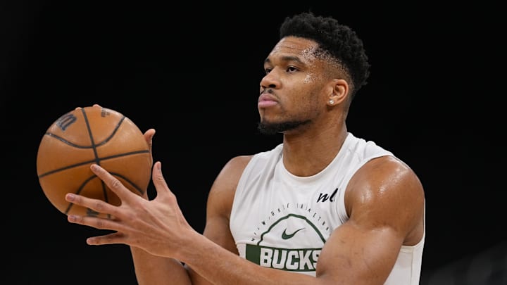 Feb 4, 2026; Milwaukee, Wisconsin, USA;  Milwaukee Bucks forward Giannis Antetokounmpo (34) during warmups prior to the game against the New Orleans Pelicans at Fiserv Forum. 