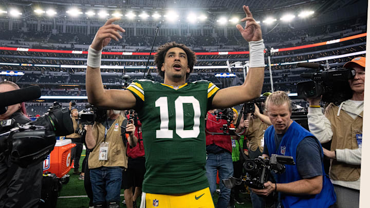 Green Bay Packers quarterback Jordan Love (10) leaves the field after their wild card playoff game