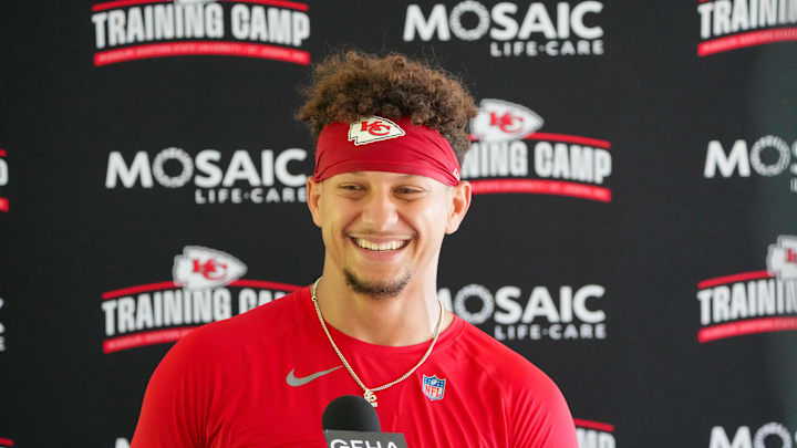 Jul 26, 2024; Kansas City, MO, USA; Kansas City Chiefs quarterback Patrick Mahomes (15) speaks to the media after training camp at Missouri Western State University. Mandatory Credit: Denny Medley-Imagn Images