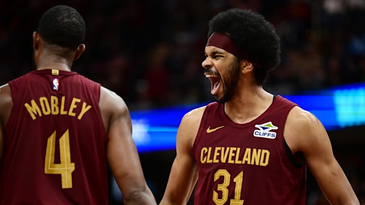 Nov 4, 2024; Cleveland, Ohio, USA; Cleveland Cavaliers center Jarrett Allen (31) and forward Evan Mobley (4) celebrate during the second half against the Milwaukee Bucks at Rocket Mortgage FieldHouse. Mandatory Credit: Ken Blaze-Imagn Images