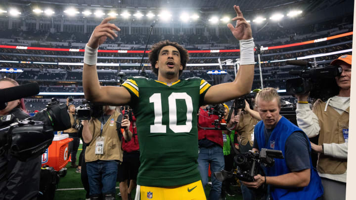 Green Bay Packers quarterback Jordan Love leaves the field after beating the Dallas Cowboys in the playoffs.