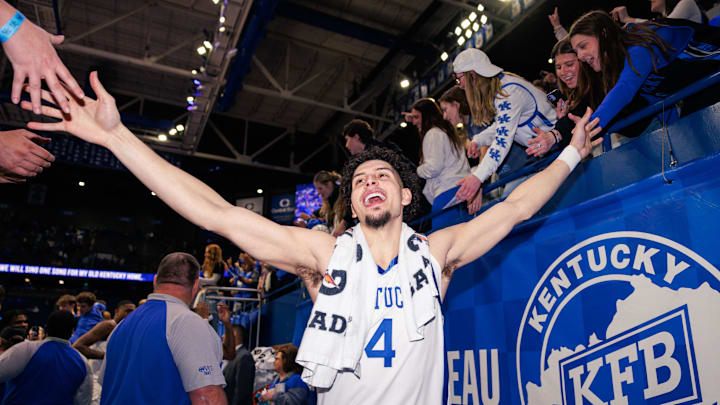 Mar 4, 2025; Lexington, Kentucky, USA; Kentucky Wildcats guard Koby Brea (4) fives fans as he exits the court after the game against the LSU Tigers at Rupp Arena at Central Bank Center. Mandatory Credit: Jordan Prather-Imagn Images