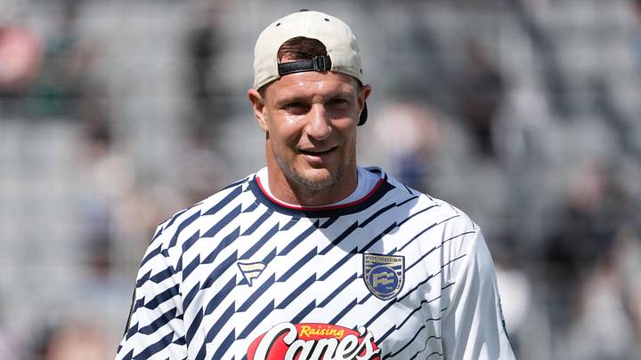 Mar 21, 2026; Los Angeles, CA, USA; Founders FFC tight end Rob Gronkowski during the Fanatics Flag Football Classic at BMO stadium. Mandatory Credit: Kirby Lee-Imagn Images