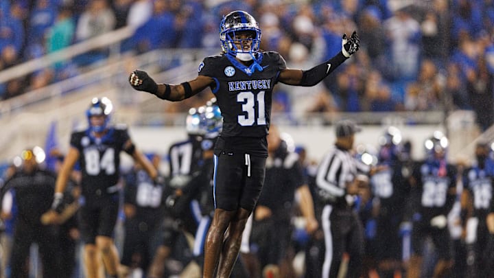 Oct 14, 2023; Lexington, Kentucky, USA; Kentucky Wildcats defensive back Maxwell Hairston (31) reacts during the third quarter against the Missouri Tigers at Kroger Field. 