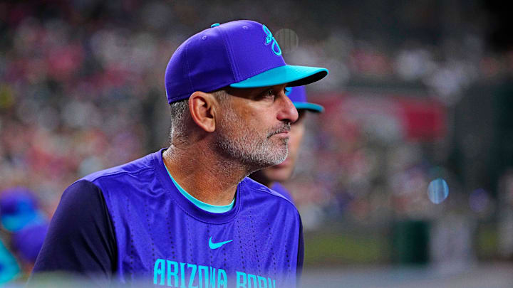 Diamondbacks manager Torey Lovullo watches his team play against the Royals during a game in Phoenix, at Chase Field on July 5, 2025.