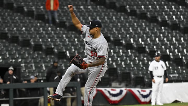Apr 2, 2025; Chicago, Illinois, USA;  Minnesota Twins pitcher Jhoan Duran (59) throws against the Chicago White Sox during the eighth inning at Guaranteed Rate Field. Mandatory Credit: Matt Marton-Imagn Images