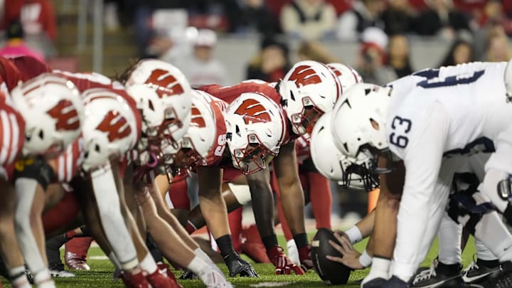 Oct 26, 2024; Madison, Wisconsin, USA;  The Penn State Nittany Lions line up for a play during the game against the Wisconsin Badgers at Camp Randall Stadium. Mandatory Credit: Jeff Hanisch-Imagn Images