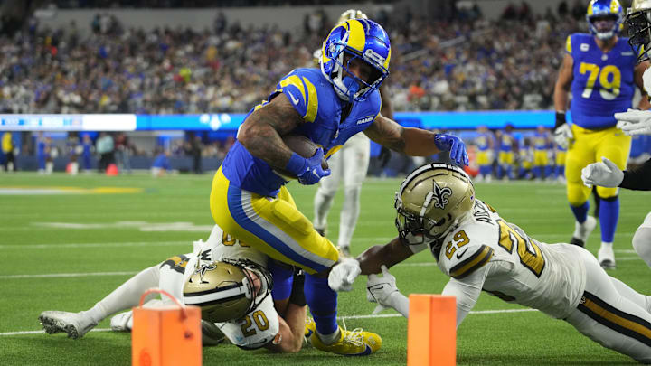 Dec 21, 2023; Inglewood, California, USA; Los Angeles Rams running back Kyren Williams (23) carries