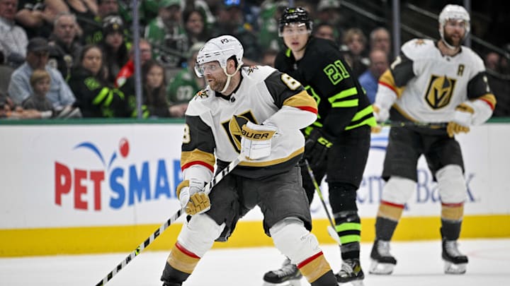 Apr 8, 2023; Dallas, Texas, USA; Vegas Golden Knights right wing Phil Kessel (8) in action during the game between the Dallas Stars and the Vegas Golden Knights at American Airlines Center. Mandatory Credit: Jerome Miron-Imagn Images