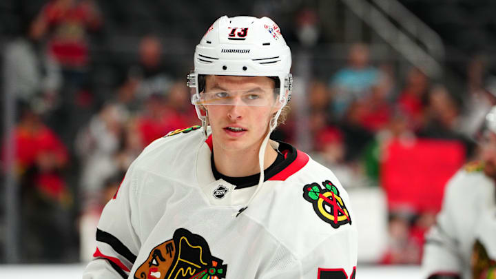 Feb 27, 2025; Las Vegas, Nevada, USA; Chicago Blackhawks left wing Lukas Reichel (73) warms up before a game against the Vegas Golden Knights at T-Mobile Arena. Mandatory Credit: Stephen R. Sylvanie-Imagn Images Feb 27, 2025; Las Vegas, Nevada, USA; Chicago Blackhawks left wing Lukas Reichel (73) warms up before a game against the Vegas Golden Knights at T-Mobile Arena. Mandatory Credit: Stephen R. Sylvanie-Imagn Images