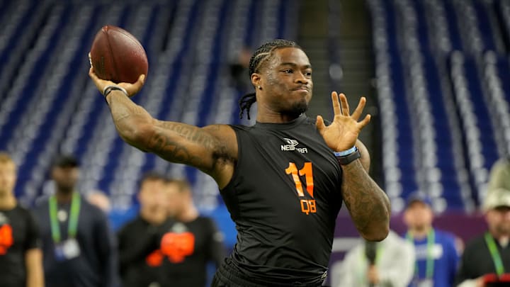 Mar 1, 2025; Indianapolis, IN, USA; Alabama quarterback Jalen Milroe (QB11) during the 2025 NFL Combine at Lucas Oil Stadium. Mandatory Credit: Kirby Lee-Imagn Images
