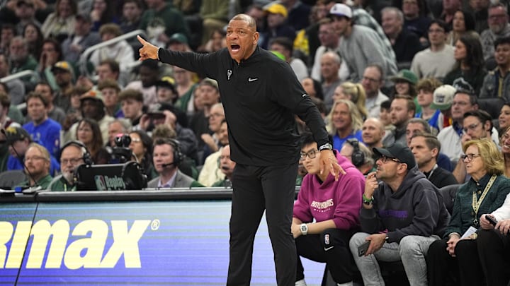 Apr 30, 2024; Milwaukee, Wisconsin, USA;  Milwaukee Bucks head coach Doc Rivers calls out during the second quarter against the Indiana Pacers during game five of the first round for the 2024 NBA playoffs at Fiserv Forum. Mandatory Credit: Jeff Hanisch-Imagn Images