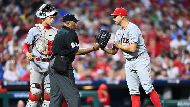 Aug 29, 2023; Philadelphia, Pennsylvania, USA; Los Angeles Angels starting pitcher Tyler Anderson (31) reacts after committing a balk against the Philadelphia Phillies in the fourth inning at Citizens Bank Park. Mandatory Credit: Kyle Ross-USA TODAY Sports
