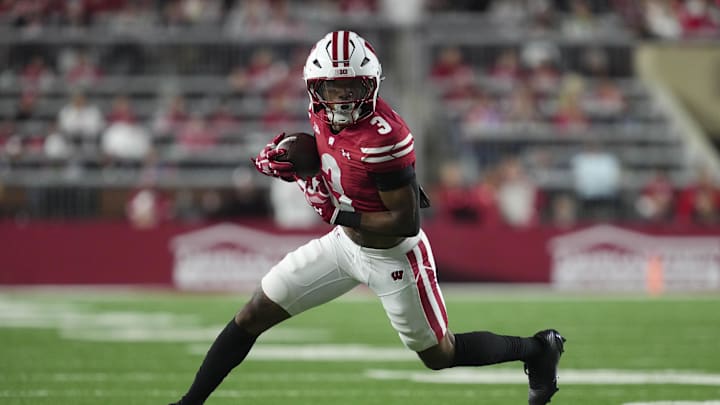 Aug 28, 2025; Madison, Wisconsin, USA; Wisconsin Badgers wide receiver Tyrell Henry (3) during the game against the Miami (OH) RedHawks at Camp Randall Stadium. Mandatory Credit: Jeff Hanisch-Imagn Images Aug 28, 2025; Madison, Wisconsin, USA; Wisconsin Badgers wide receiver Tyrell Henry (3) during the game against the Miami (OH) RedHawks at Camp Randall Stadium. Mandatory Credit: Jeff Hanisch-Imagn Images