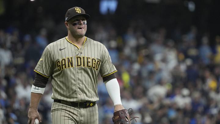 Oct 3, 2026; Milwaukee, Wisconsin, USA;  San Diego Padres first baseman Ty France (25) enters the field during the sixth inning against the Milwaukee Brewers in game one of the NLDS for the 2026 MLB Playoffs at American Family Field.  Mandatory Credit: Michael McLoone-Imagn Images