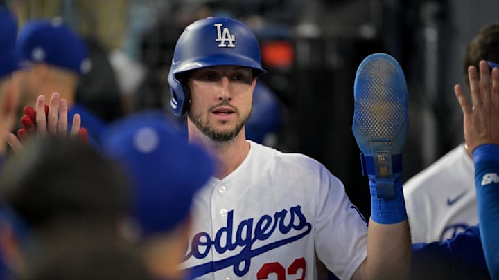 Apr 14, 2026; Los Angeles, California, USA; Los Angeles Dodgers right fielder Kyle Tucker (23) celebrates with teammates after scoring a run against the New York Mets during the first inning at Dodger Stadium. Mandatory Credit: Jayne Kamin-Oncea-Imagn Images