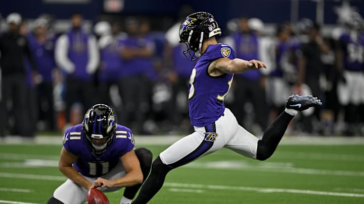 Aug 16, 2025; Arlington, Texas, USA; Baltimore Ravens punter Jordan Stout (11) holds the ball for place kicker Tyler Loop (33) during a field goal attempt during the game between the Dallas Cowboys and the Baltimore Ravens at AT&T Stadium. Mandatory Credit: Jerome Miron-Imagn Images Aug 16, 2025; Arlington, Texas, USA; Baltimore Ravens punter Jordan Stout (11) holds the ball for place kicker Tyler Loop (33) during a field goal attempt during the game between the Dallas Cowboys and the Baltimore Ravens at AT&T Stadium. Mandatory Credit: Jerome Miron-Imagn Images
