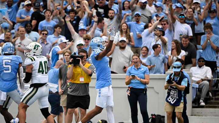 Sep 7, 2024; Chapel Hill, North Carolina, USA; North Carolina Tar Heels tight end Bryson Nesbit (18) reacts after scoring a touchdown in the 1st quarter at Kenan Memorial Stadium. Mandatory Credit: Bob Donnan-Imagn Images
