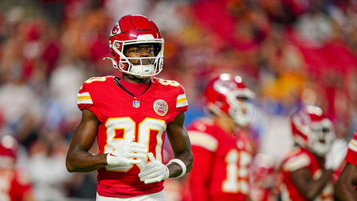 Oct 12, 2025; Kansas City, Missouri, USA; Kansas City Chiefs wide receiver Tyquan Thornton (80) warms up prior to a game against the Detroit Lions at GEHA Field at Arrowhead Stadium. Mandatory Credit: Jay Biggerstaff-Imagn Images Oct 12, 2025; Kansas City, Missouri, USA; Kansas City Chiefs wide receiver Tyquan Thornton (80) warms up prior to a game against the Detroit Lions at GEHA Field at Arrowhead Stadium. Mandatory Credit: Jay Biggerstaff-Imagn Images