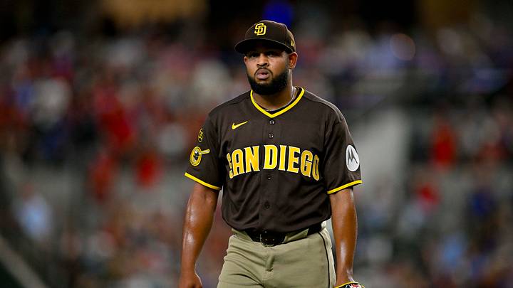 Jun 19, 2026; Arlington, Texas, USA; San Diego Padres starting pitcher Randy Vasquez (98) comes off the field after he pitches against the Texas Rangers during the second inning at Globe Life Field. Mandatory Credit: Jerome Miron-Imagn Images Jun 19, 2026; Arlington, Texas, USA; San Diego Padres starting pitcher Randy Vasquez (98) comes off the field after he pitches against the Texas Rangers during the second inning at Globe Life Field. Mandatory Credit: Jerome Miron-Imagn Images