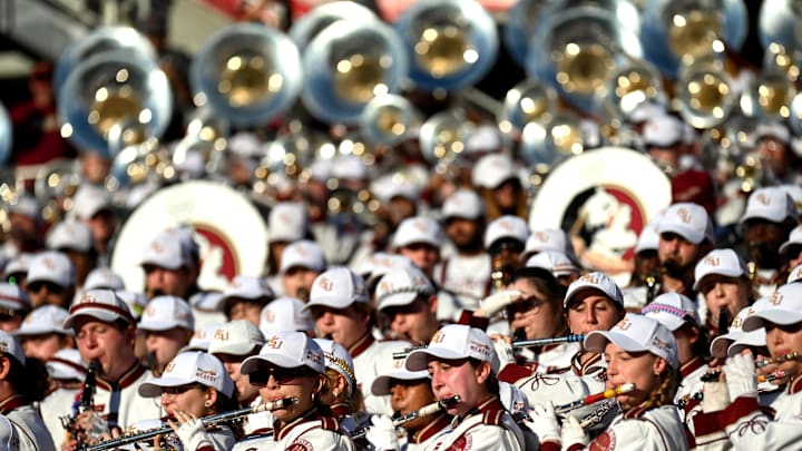 Dec 29, 2022; Orlando, Florida, USA; The Florida State Seminoles Marching Chiefs perfrom before the start of the game against the Oklahoma Sooners in the 2022 Cheez-It Bowl at Camping World Stadium. Mandatory Credit: Jonathan Dyer-Imagn Images