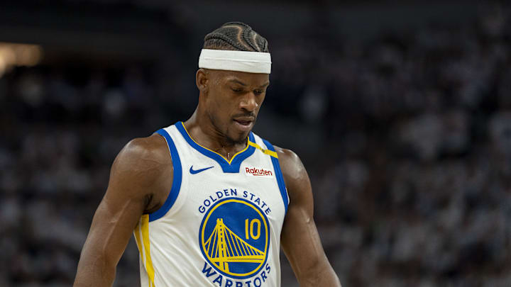 May 8, 2025; Minneapolis, Minnesota, USA; Golden State Warriors forward Jimmy Butler III (10) looks on against the Minnesota Timberwolves in the second half during game two of the second round for the 2025 NBA Playoffs at Target Center. Mandatory Credit: Jesse Johnson-Imagn Images