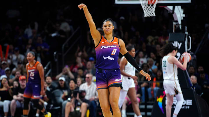 Mercury forward Satou Sabally (8) celebrates a three-pointer against the Liberty during a game at PHX Arena in Phoenix, on June 27, 2025.
